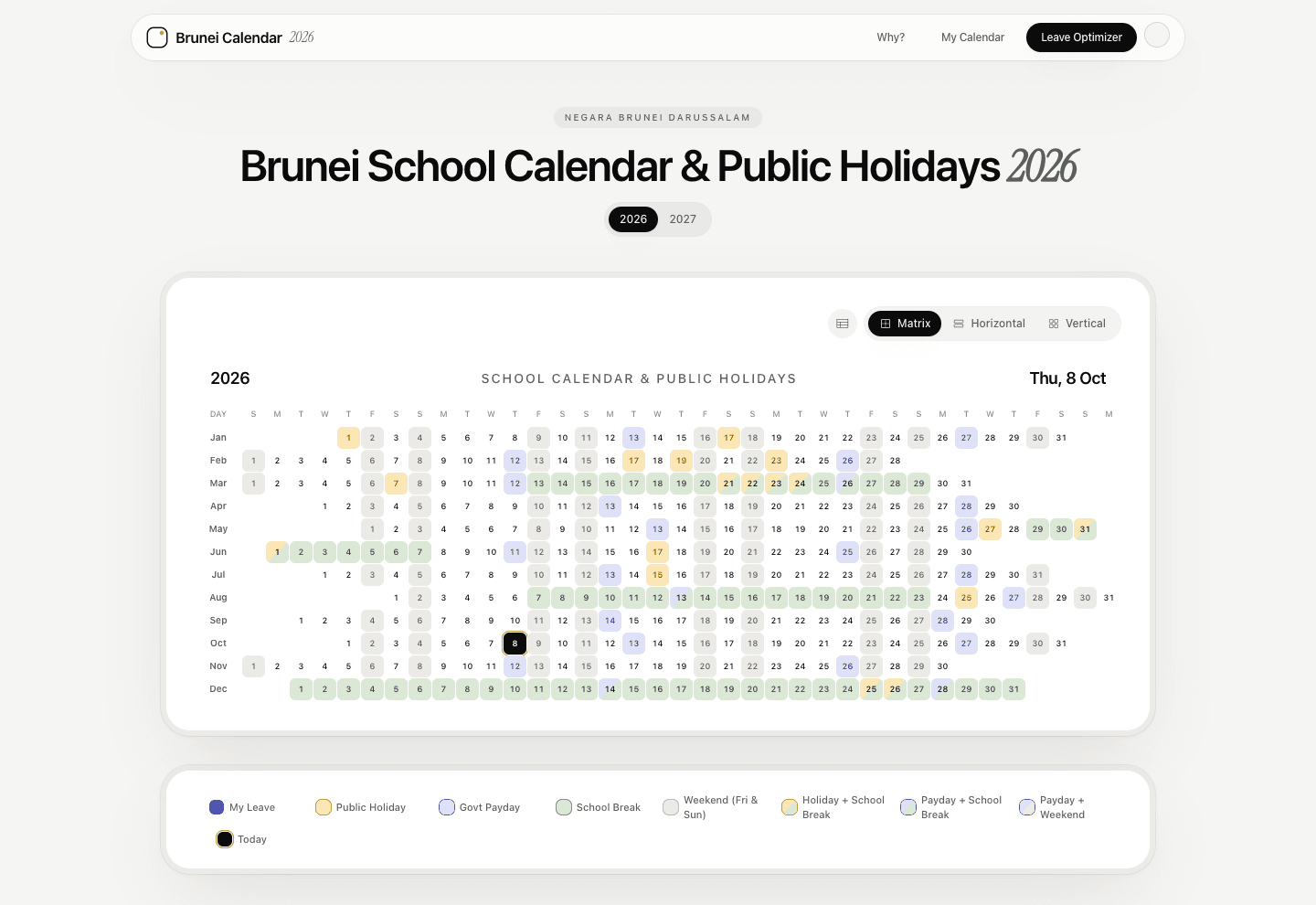 Brunei Calendar year view with holidays, school breaks and paydays