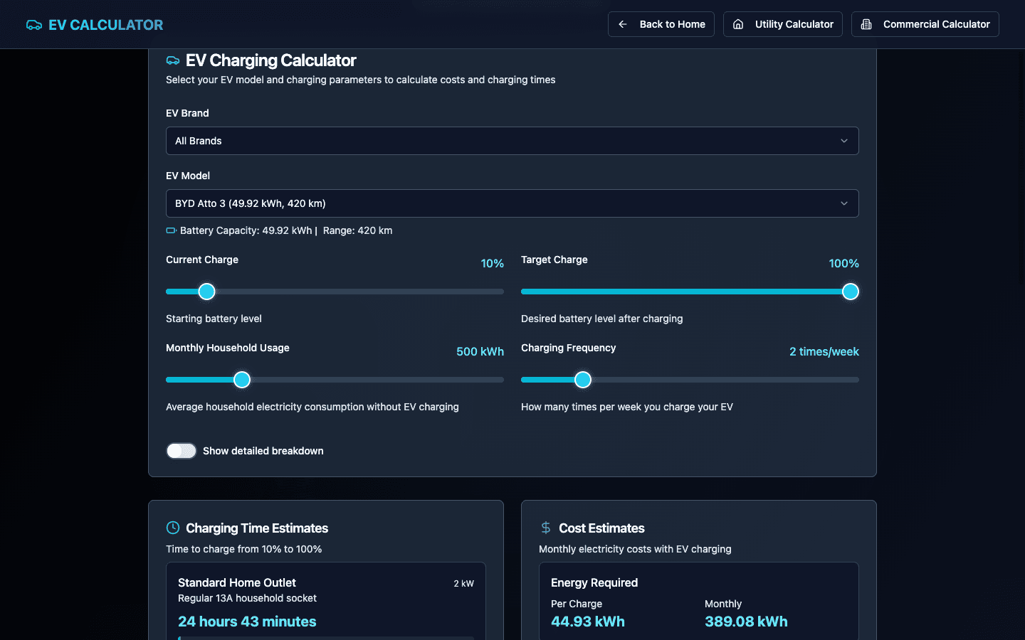 Utility & EV Calculator EV charging estimate